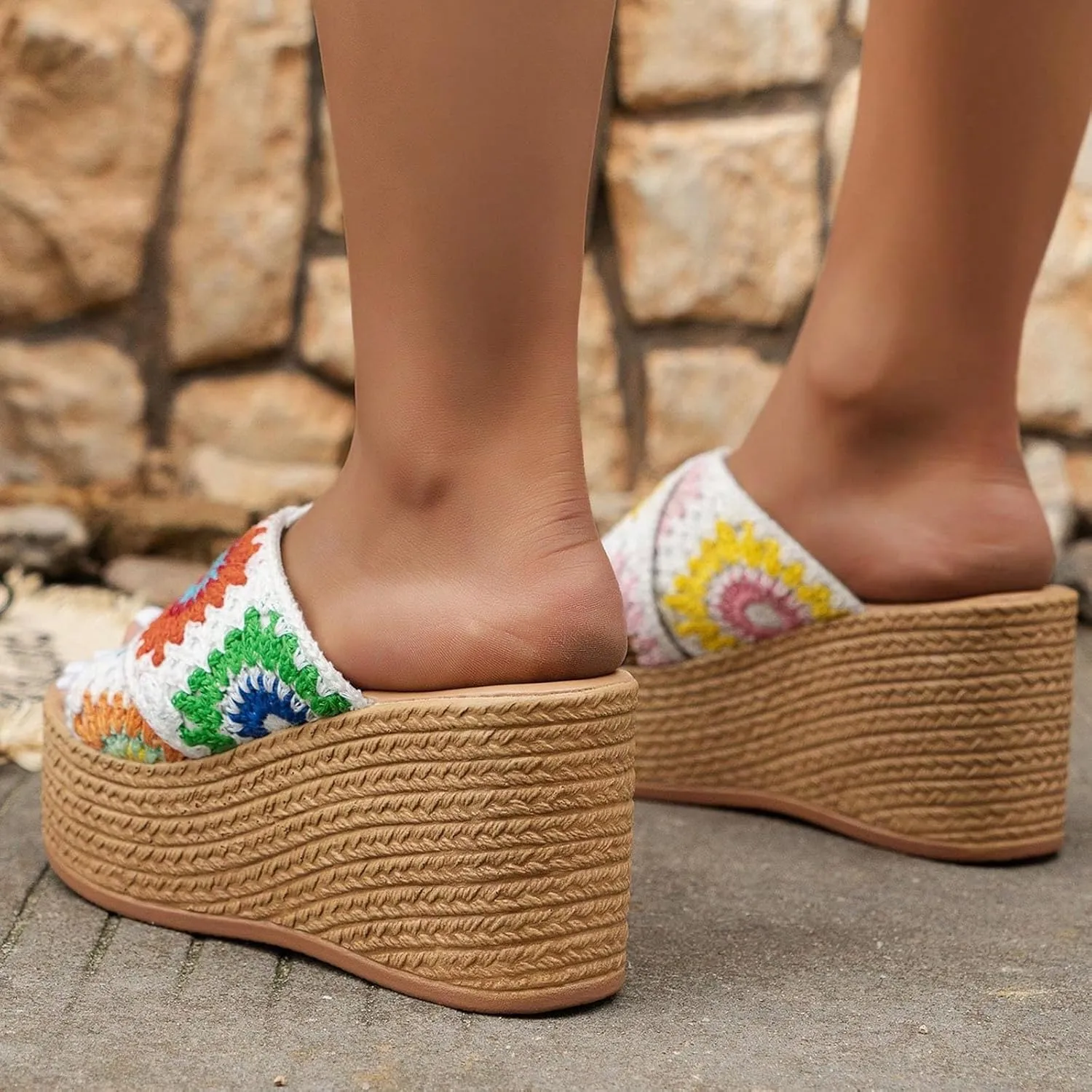 Orthopedic Platform Wedge Sandals for Women Summer Dressy Espadrille 2025 Open Toe Summer Floral Crochet Woven Non Slip Fashionable Sandals Bohemian Beach Walking Shoes