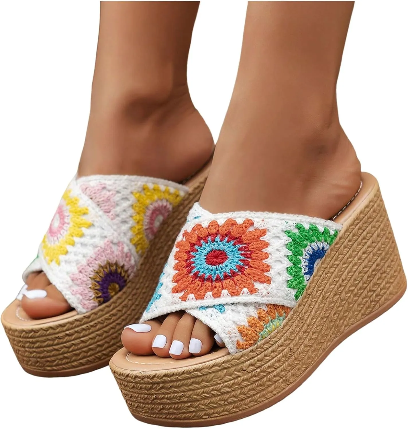 Orthopedic Platform Wedge Sandals for Women Summer Dressy Espadrille 2025 Open Toe Summer Floral Crochet Woven Non Slip Fashionable Sandals Bohemian Beach Walking Shoes
