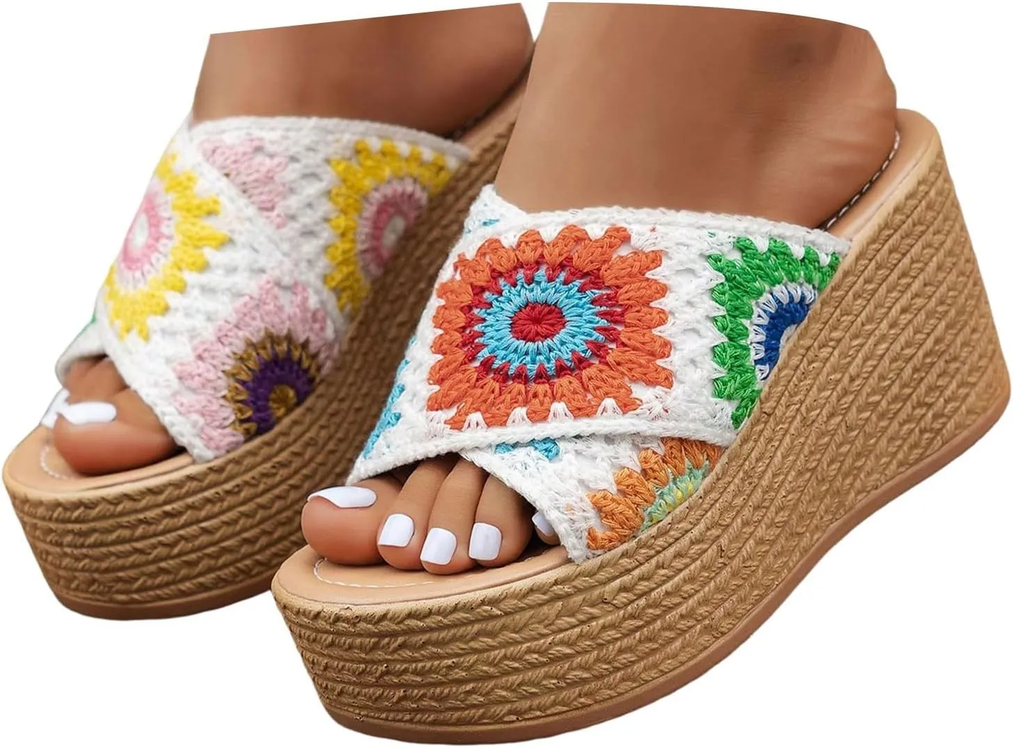 Orthopedic Platform Wedge Sandals for Women Summer Dressy Espadrille 2025 Open Toe Summer Floral Crochet Woven Non Slip Fashionable Sandals Bohemian Beach Walking Shoes