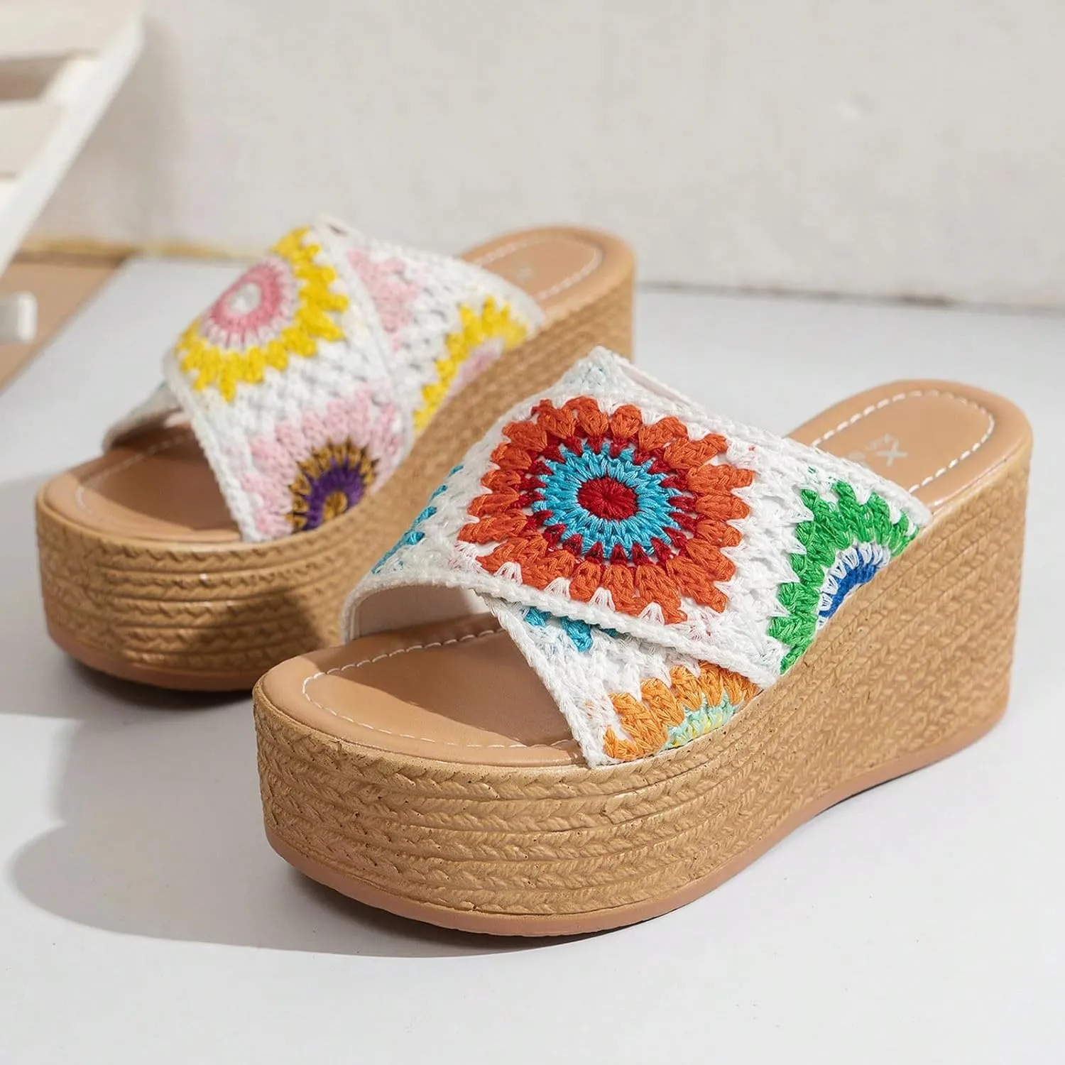 Orthopedic Platform Wedge Sandals for Women Summer Dressy Espadrille 2025 Open Toe Summer Floral Crochet Woven Non Slip Fashionable Sandals Bohemian Beach Walking Shoes