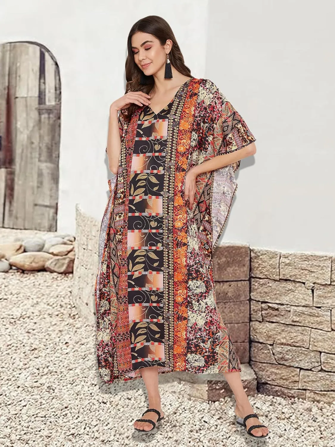 Oussum Women Long Maxi Plus Size Polyester Kaftan Caftan Gown Beach Party Casual Dress
