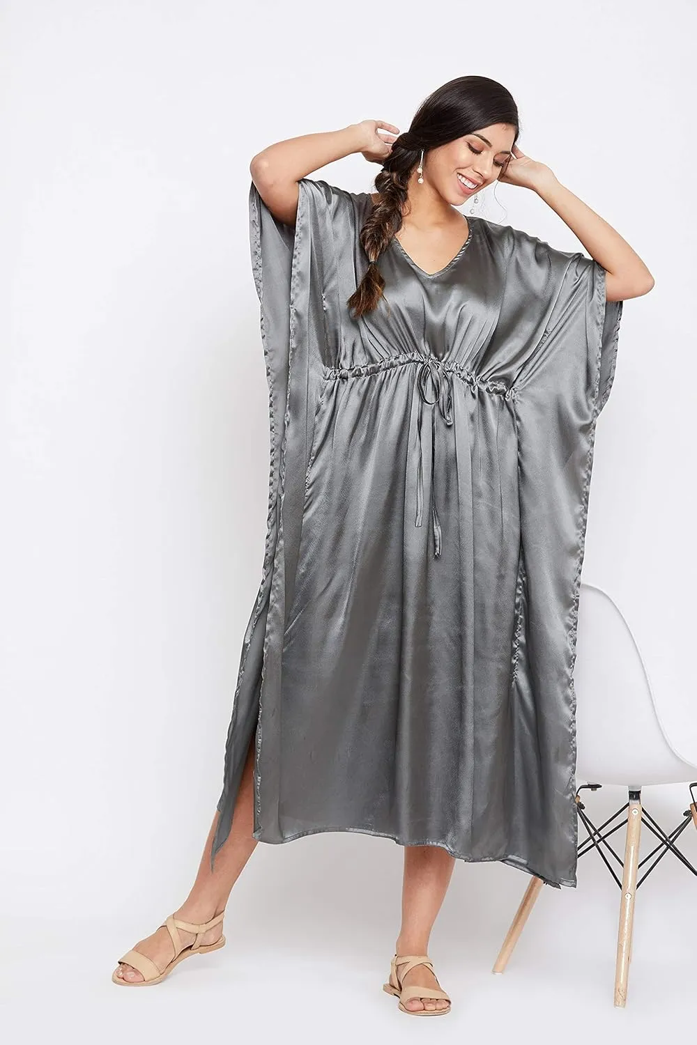 Oussum Women Plus Size Kaftan Satin Maxi Dress Long Caftan Casual Cover Ups Sateen Nightdress Nighty for Summer