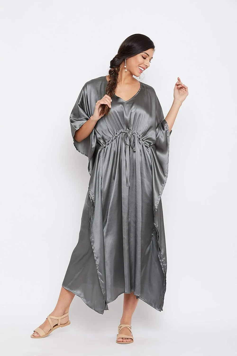 Oussum Women Plus Size Kaftan Satin Maxi Dress Long Caftan Casual Cover Ups Sateen Nightdress Nighty for Summer