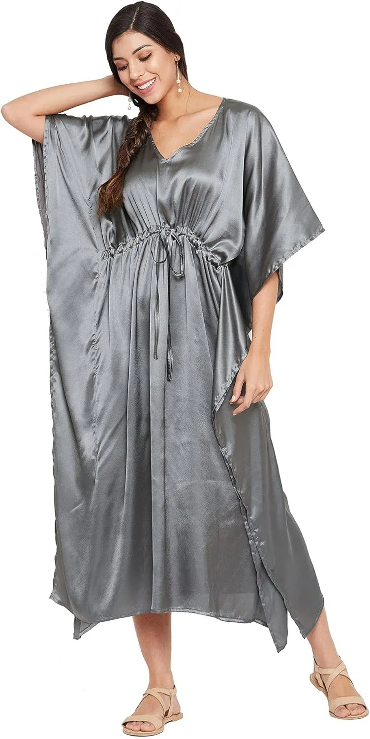 Oussum Women Plus Size Kaftan Satin Maxi Dress Long Caftan Casual Cover Ups Sateen Nightdress Nighty for Summer