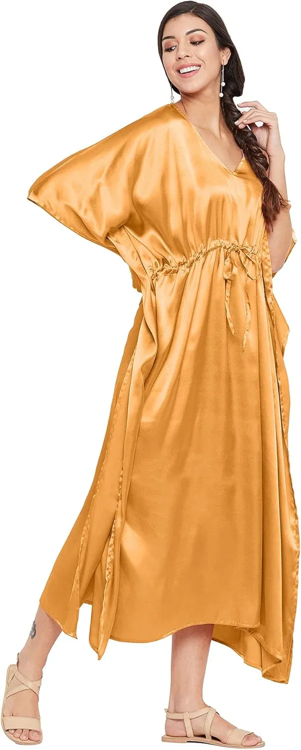 Oussum Women Plus Size Kaftan Satin Maxi Dress Long Caftan Casual Cover Ups Sateen Nightdress Nighty for Summer