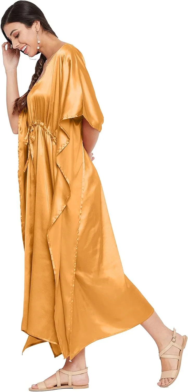Oussum Women Plus Size Kaftan Satin Maxi Dress Long Caftan Casual Cover Ups Sateen Nightdress Nighty for Summer