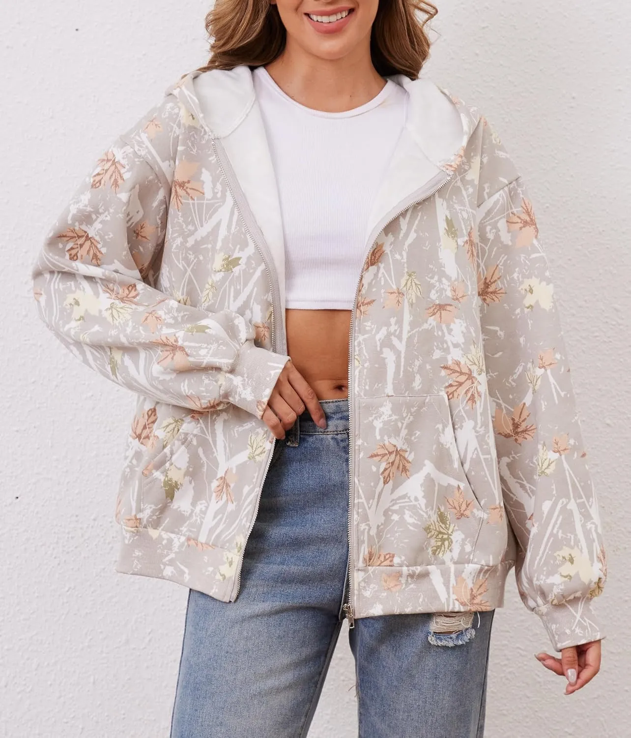 Oversized Camo Fleece Hoodies For Women Full Zip Up Sweatshirts Casual Long Sleeve Hooded Jackets With Pockets