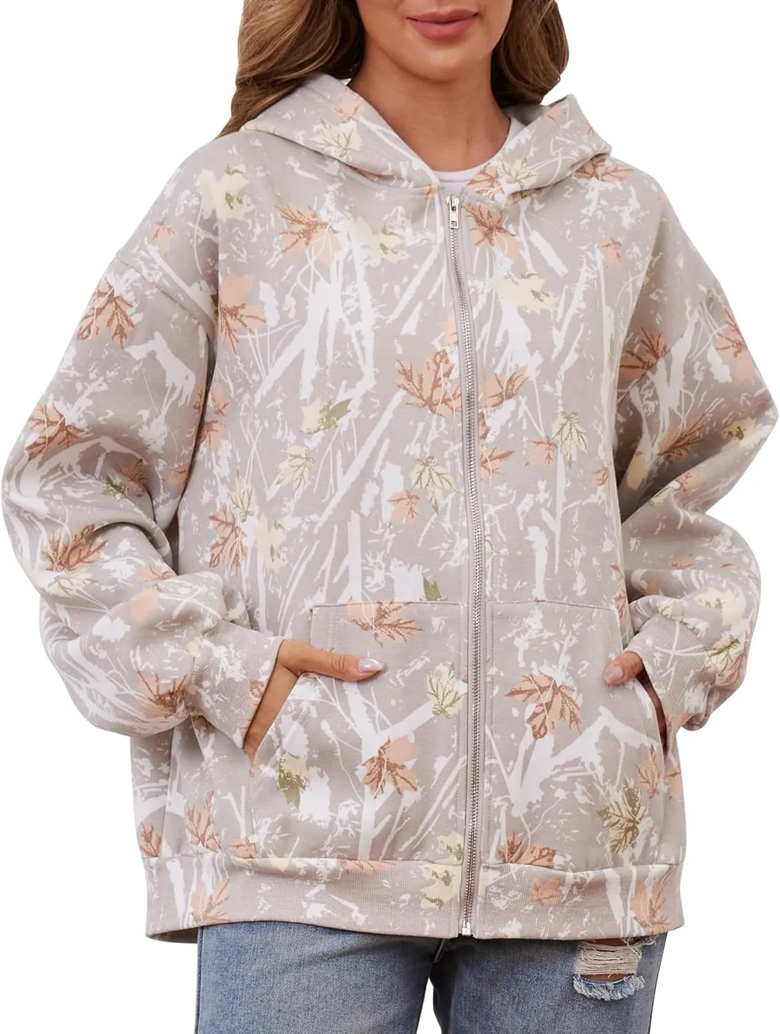 Oversized Camo Fleece Hoodies For Women Full Zip Up Sweatshirts Casual Long Sleeve Hooded Jackets With Pockets