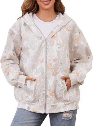 Oversized Camo Fleece Hoodies For Women Full Zip Up Sweatshirts Casual Long Sleeve Hooded Jackets With Pockets