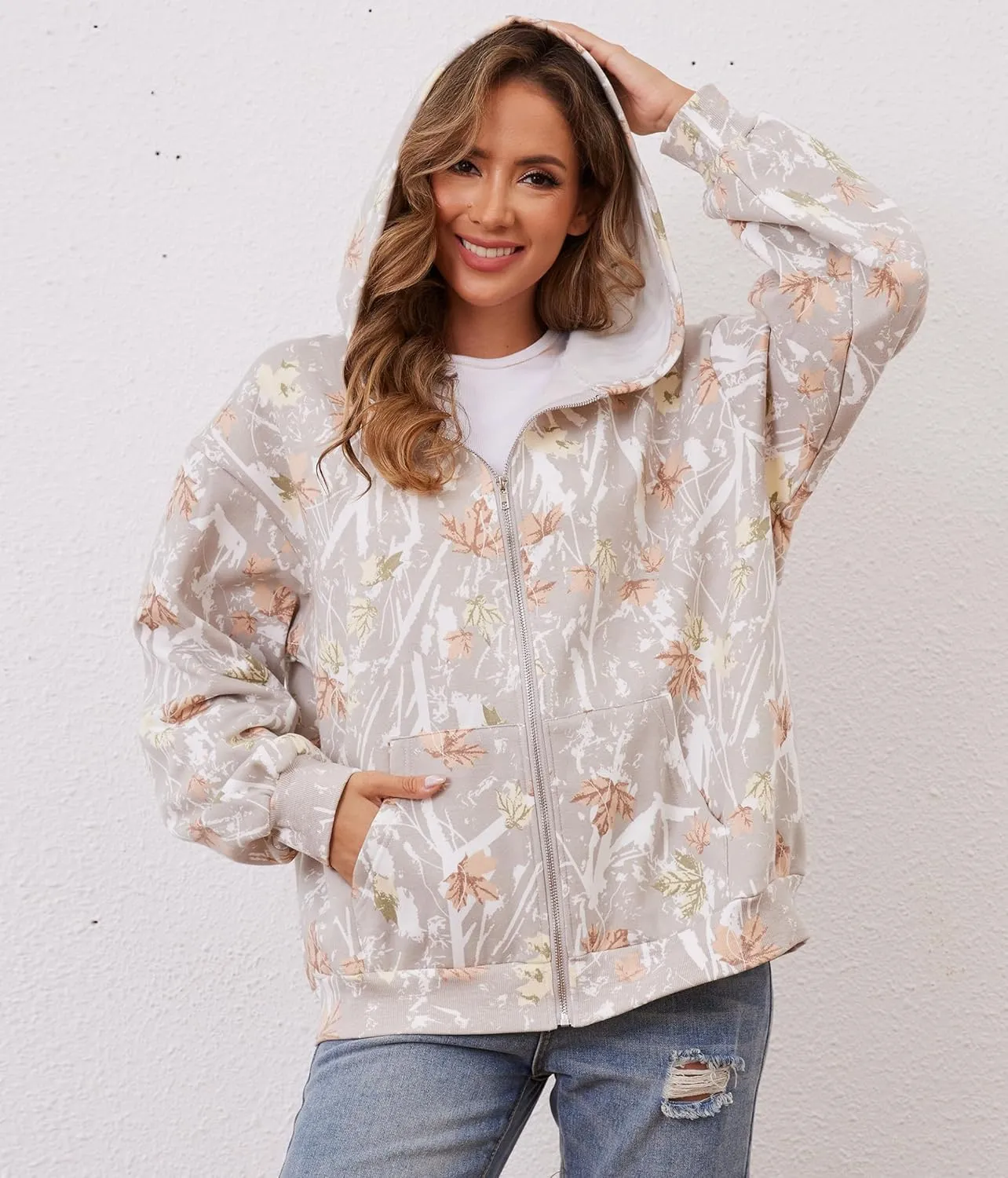 Oversized Camo Fleece Hoodies For Women Full Zip Up Sweatshirts Casual Long Sleeve Hooded Jackets With Pockets