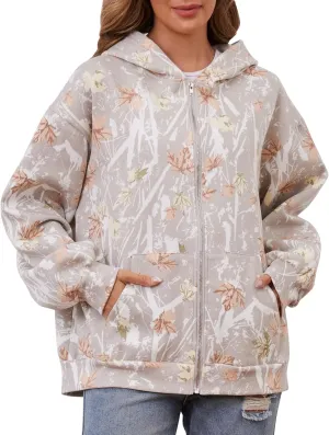 Oversized Camo Fleece Hoodies For Women Full Zip Up Sweatshirts Casual Long Sleeve Hooded Jackets With Pockets