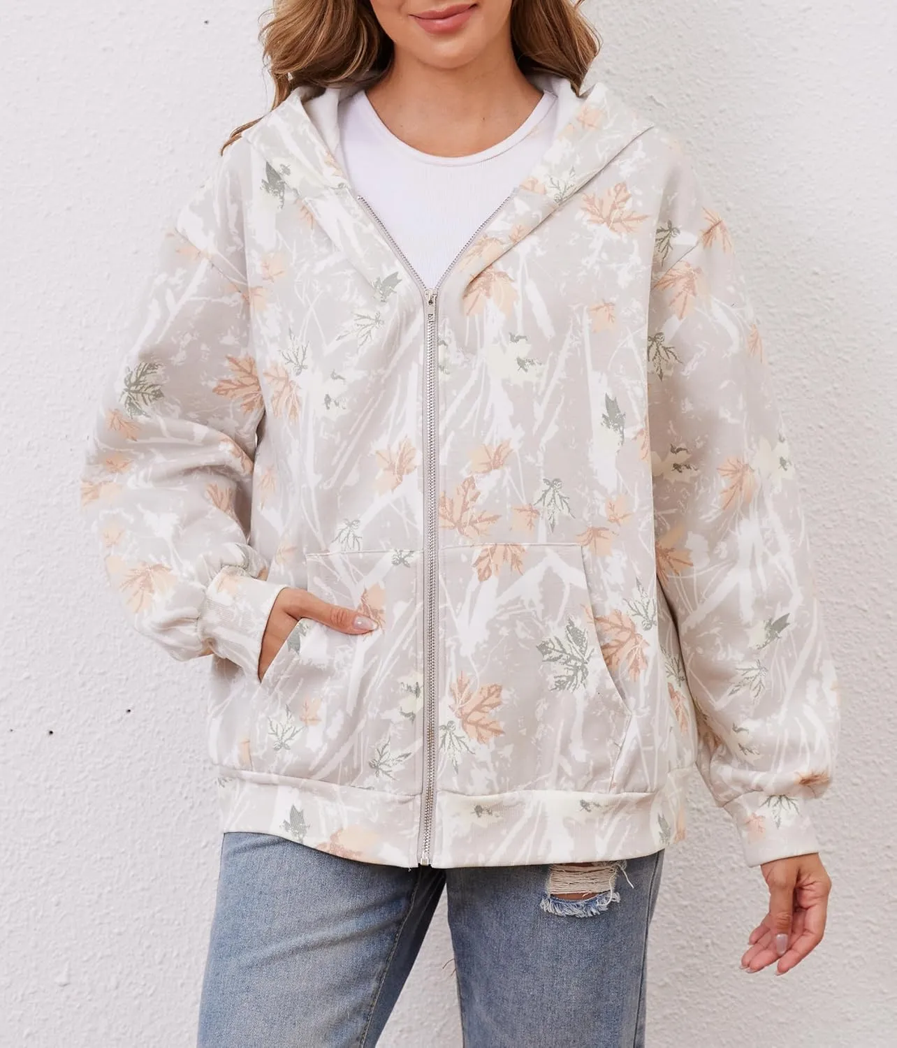 Oversized Camo Fleece Hoodies For Women Full Zip Up Sweatshirts Casual Long Sleeve Hooded Jackets With Pockets