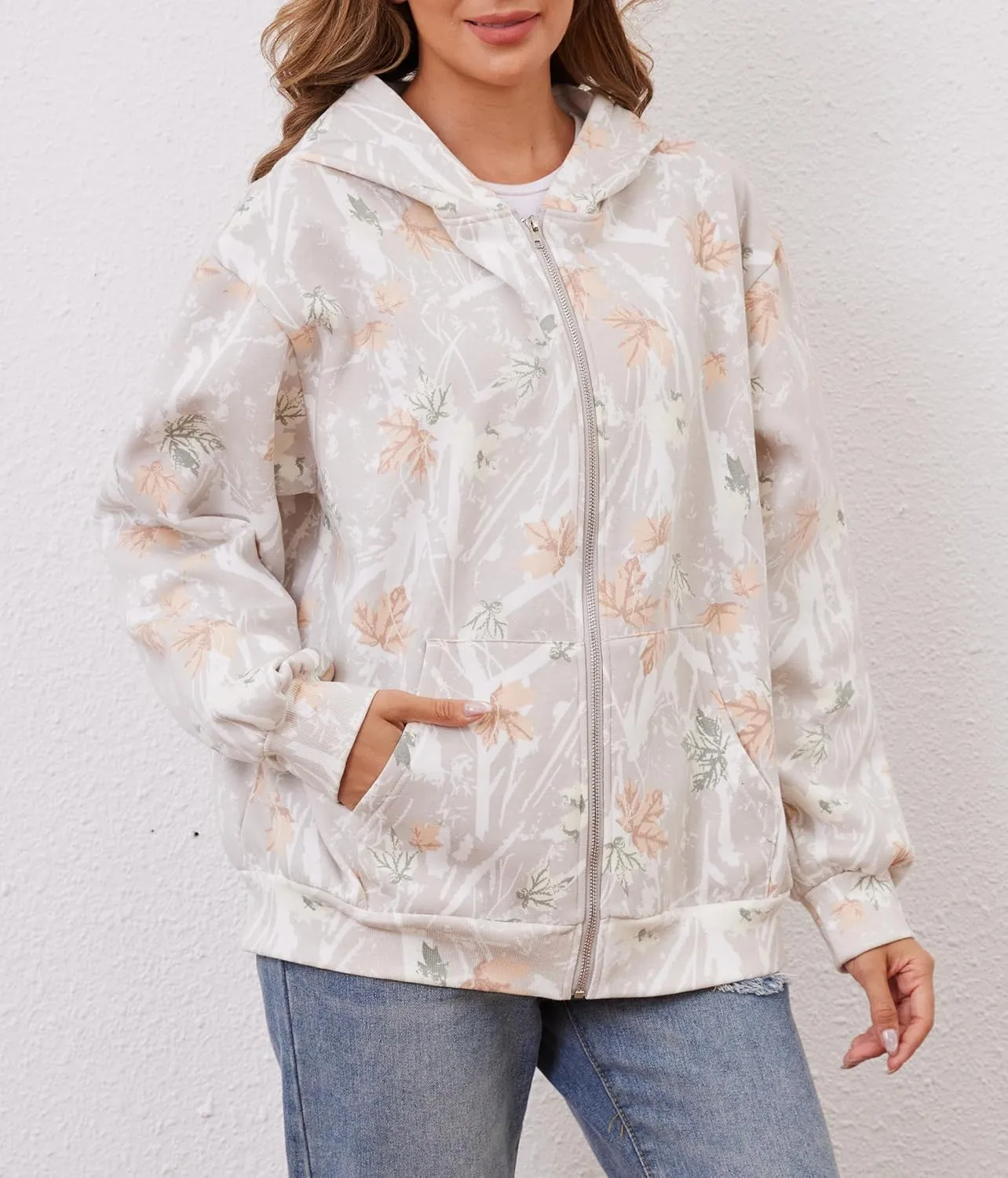 Oversized Camo Fleece Hoodies For Women Full Zip Up Sweatshirts Casual Long Sleeve Hooded Jackets With Pockets