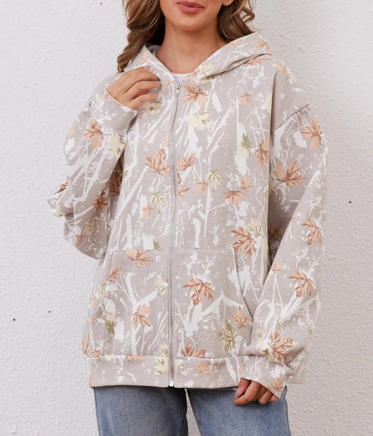 Oversized Camo Fleece Hoodies For Women Full Zip Up Sweatshirts Casual Long Sleeve Hooded Jackets With Pockets