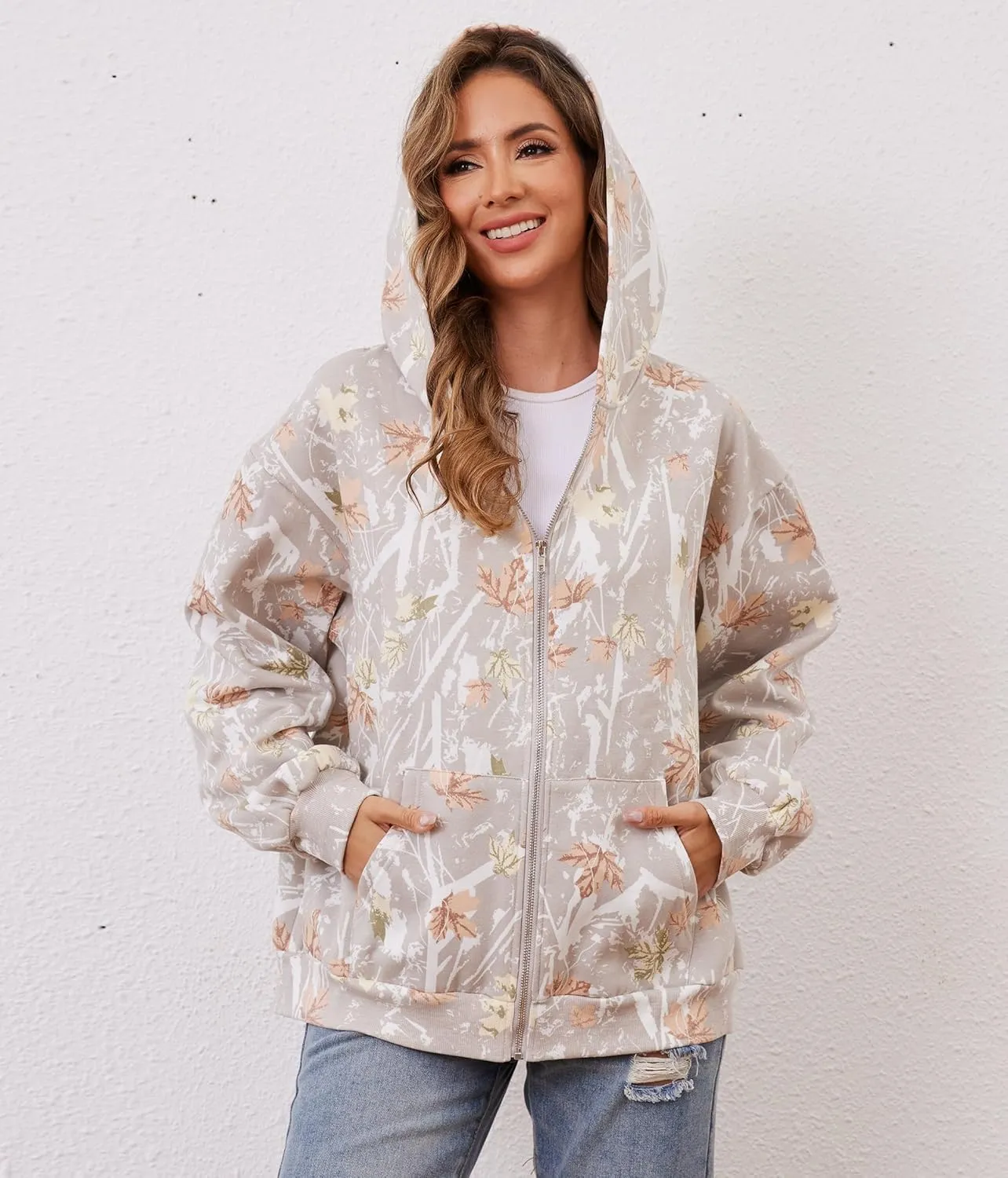 Oversized Camo Fleece Hoodies For Women Full Zip Up Sweatshirts Casual Long Sleeve Hooded Jackets With Pockets