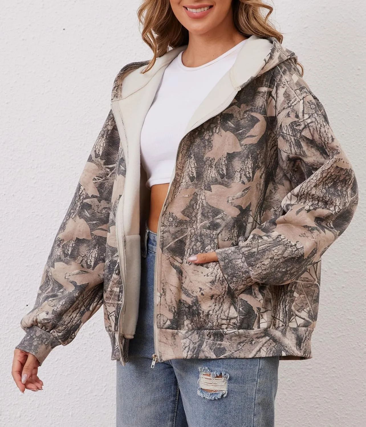 Oversized Camo Fleece Hoodies For Women Full Zip Up Sweatshirts Casual Long Sleeve Hooded Jackets With Pockets