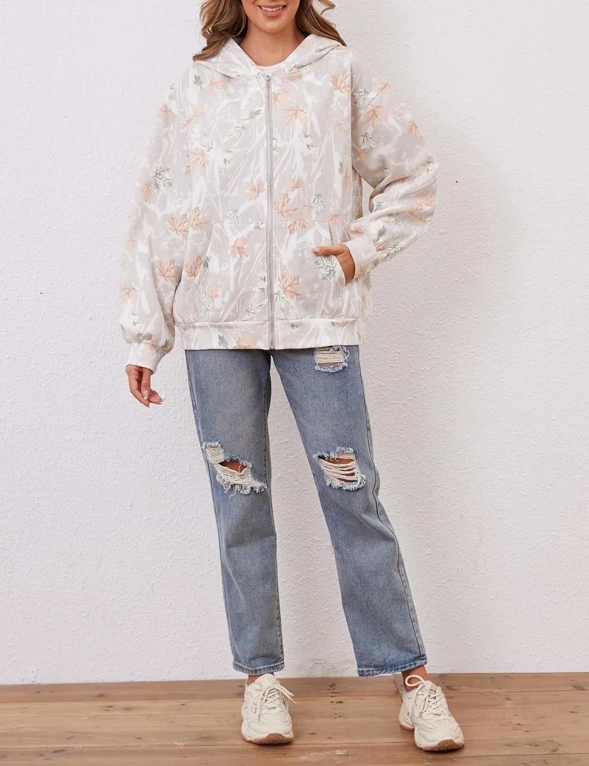 Oversized Camo Fleece Hoodies For Women Full Zip Up Sweatshirts Casual Long Sleeve Hooded Jackets With Pockets