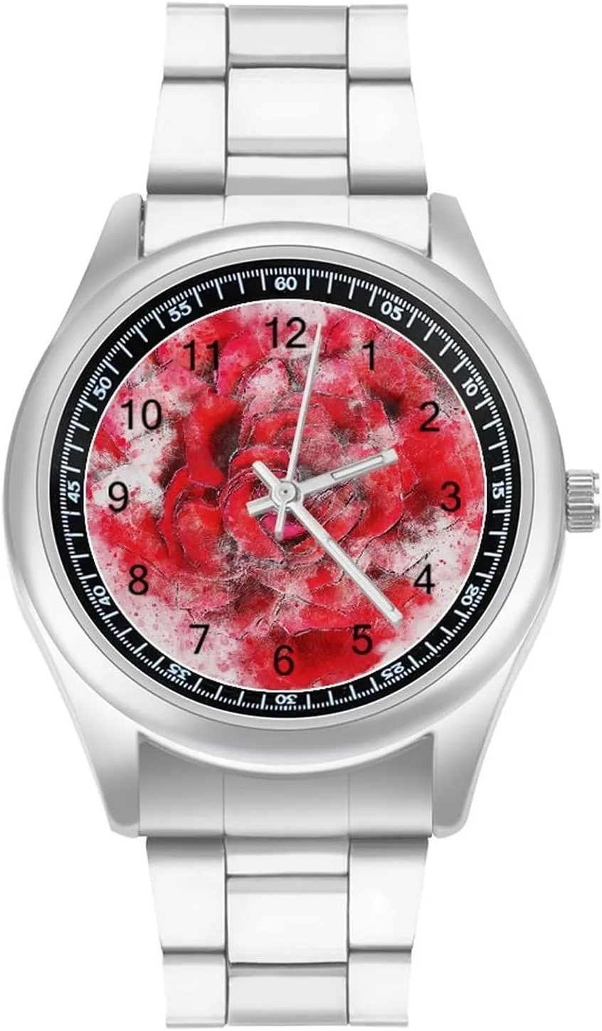 Painted Rose Stainless Steel Strap Simple Business Watches for Men Easy Reader Work Casual Watch