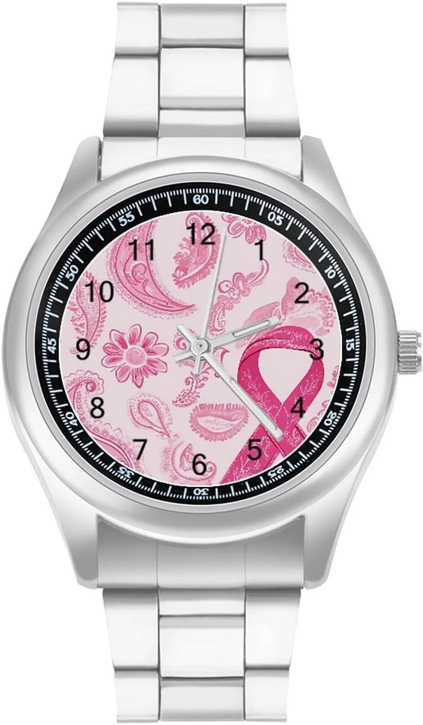 Paisley Breast Cancer Ribbon Stainless Steel Strap Simple Business Watches for Men Easy Reader Work Casual Watch