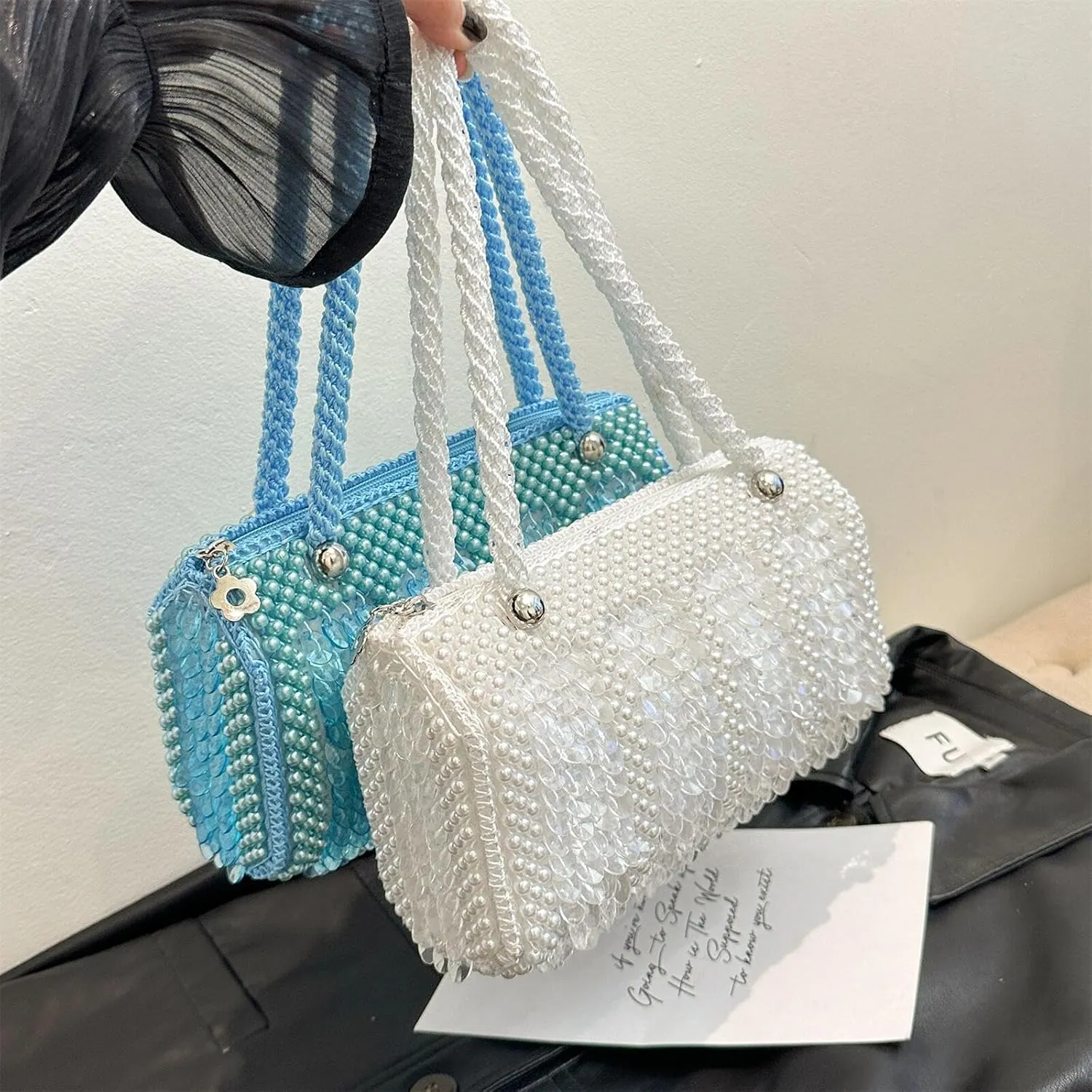 Pearl Purse for Women Beaded Handbag for Wedding Top Handle Evening Clutch