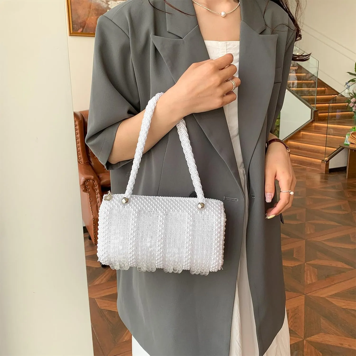 Pearl Purse for Women Beaded Handbag for Wedding Top Handle Evening Clutch