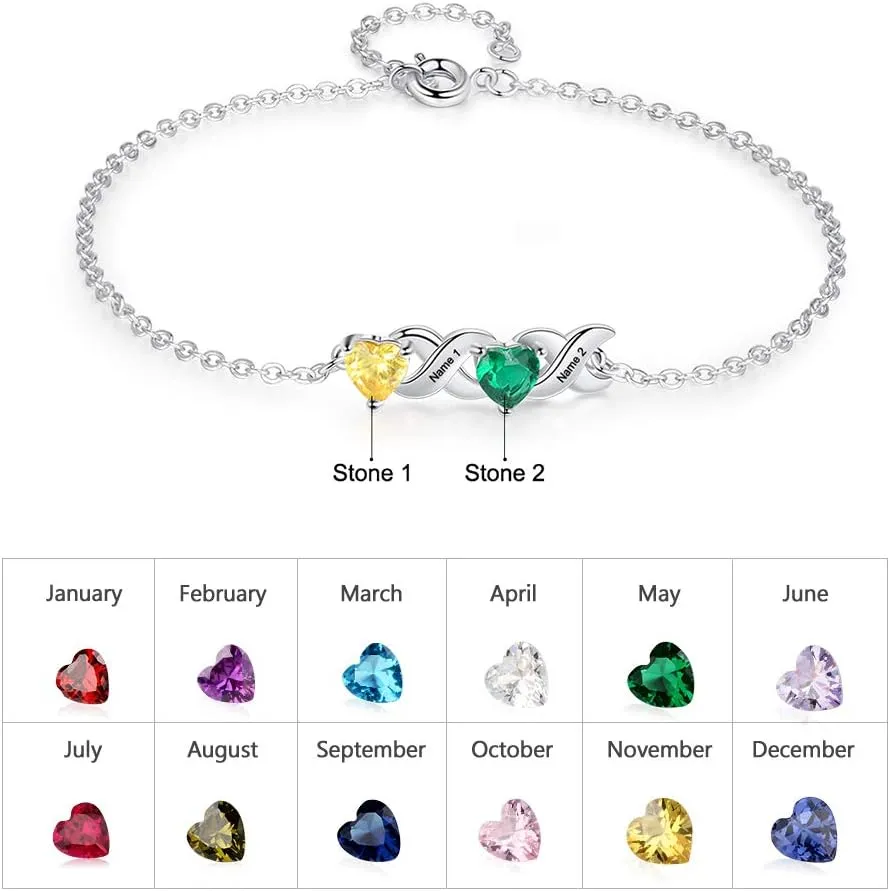 Personalized Love Heart Link Bracelet Custom Engraved 2-7 Names Birthstone Anklet Bangle Bracelet Gifts for Women Mother Daughter Girlfriend Wife