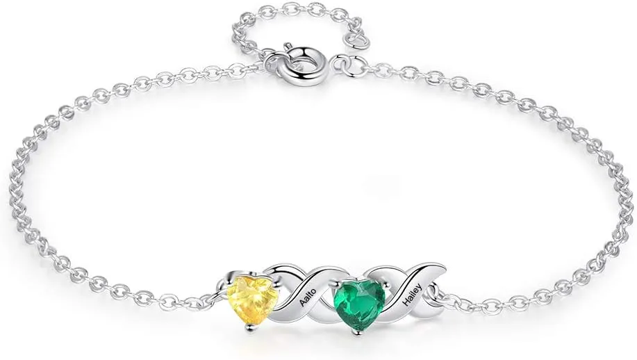 Personalized Love Heart Link Bracelet Custom Engraved 2-7 Names Birthstone Anklet Bangle Bracelet Gifts for Women Mother Daughter Girlfriend Wife