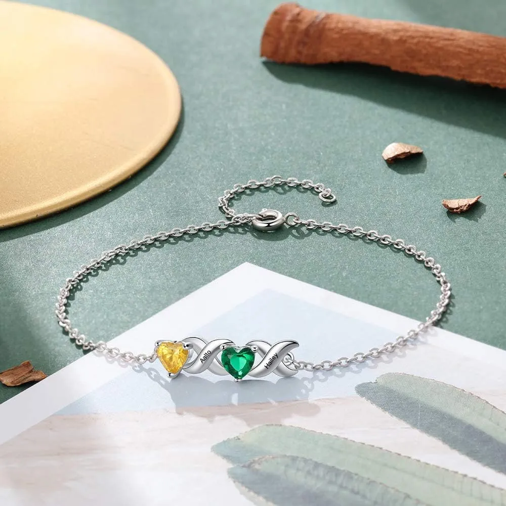 Personalized Love Heart Link Bracelet Custom Engraved 2-7 Names Birthstone Anklet Bangle Bracelet Gifts for Women Mother Daughter Girlfriend Wife