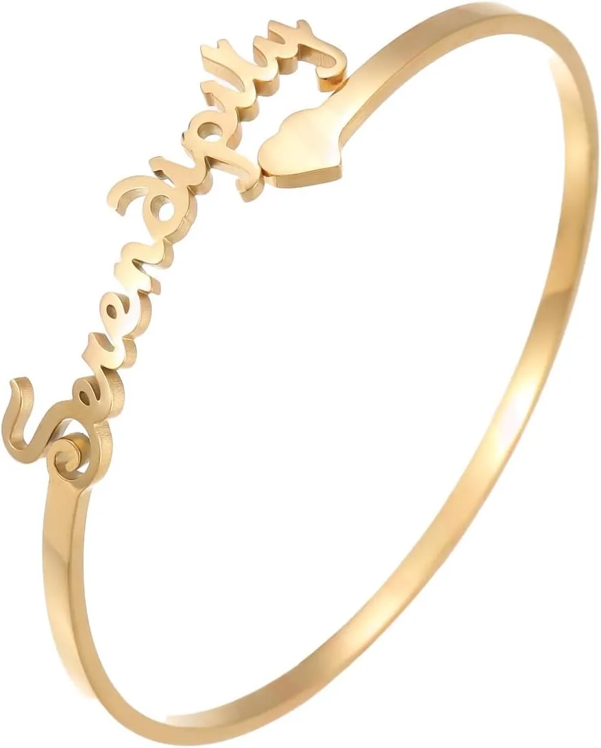 Personalized Name Bangle Bracelet with Heart  Custom Round Bracelet in Gold, Silver or Rose Gold  Engraved Gift for Women, Couples, Friends, or Family
