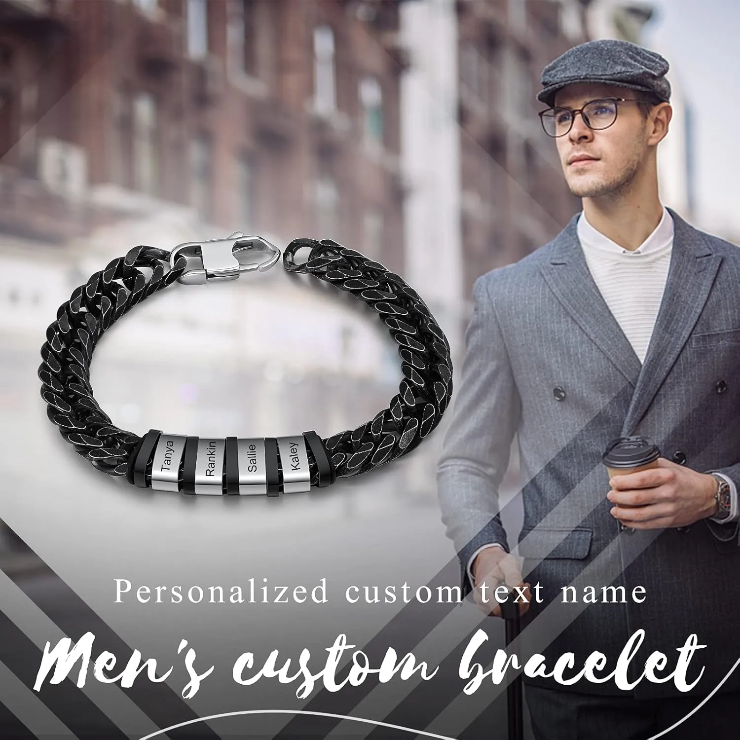 Personalized Name Cuban Link Bracelet for Men: Custom 1-6 Name Mens Bracelet - Stainless Steel Chain Link Bracelet for Men Dad Husband Boyfriend Gift