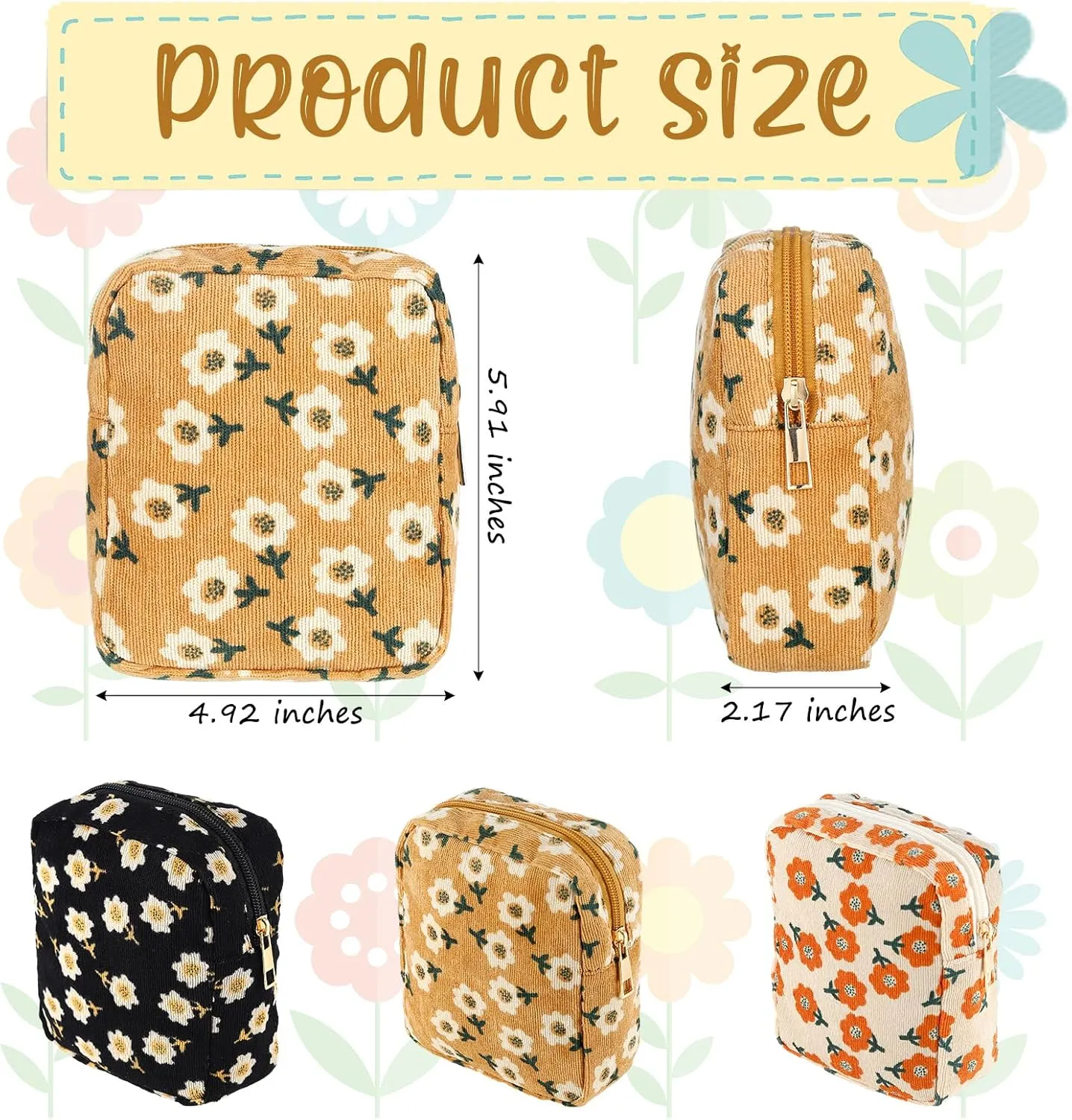 Photect 3 Pcs Floral Makeup Bag Corduroy Small Pouch Canvas Cosmetic Bag Mini Toiletry Zipper Travel Pouch for Women Graduation Gift Makeup Organizer Storage Accessories(Rectangular)