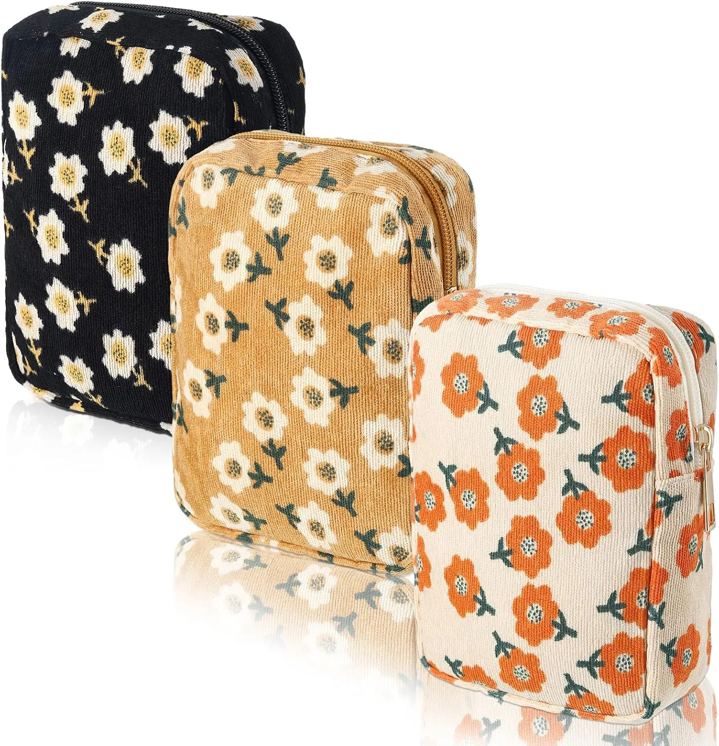 Photect 3 Pcs Floral Makeup Bag Corduroy Small Pouch Canvas Cosmetic Bag Mini Toiletry Zipper Travel Pouch for Women Graduation Gift Makeup Organizer Storage Accessories(Rectangular)