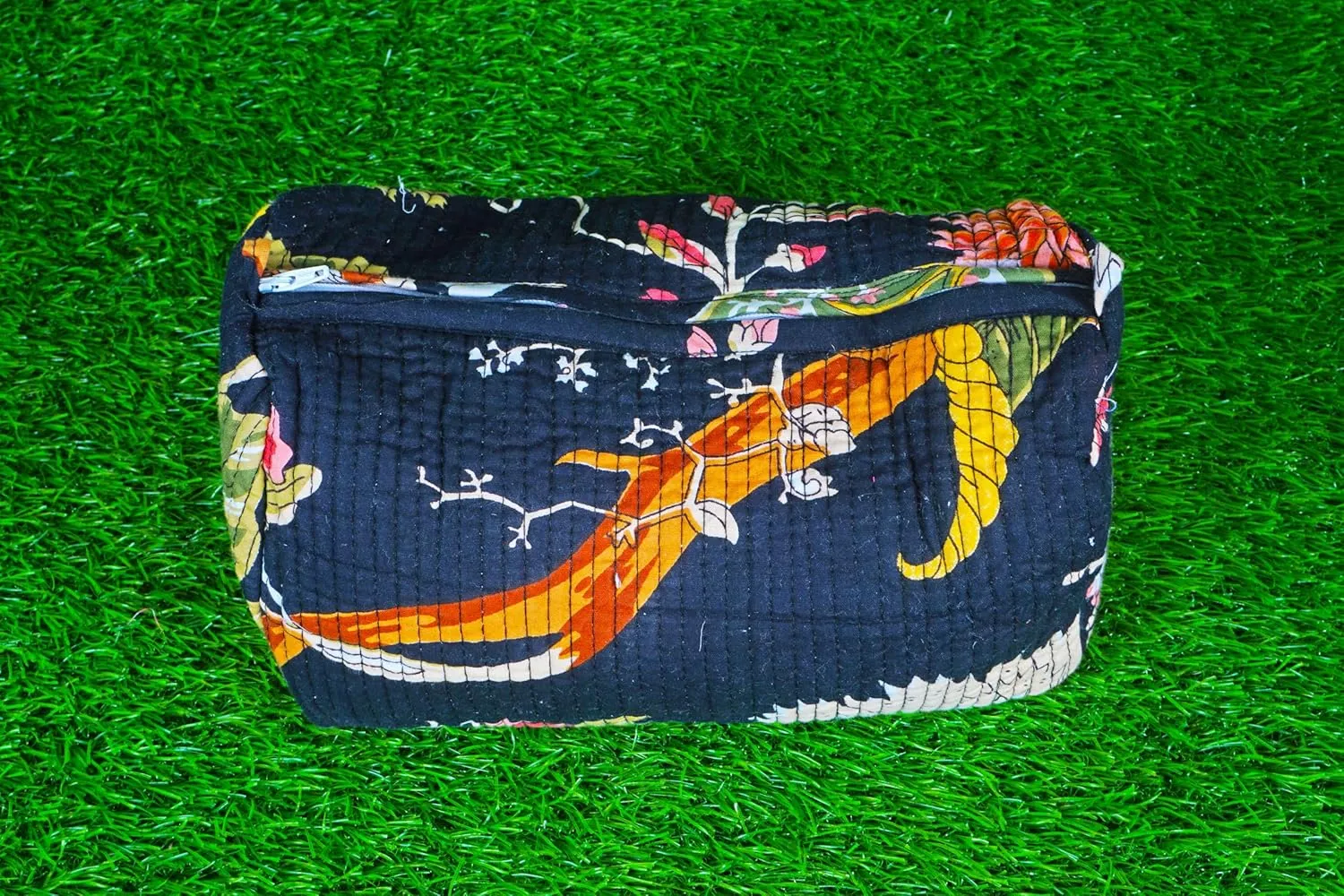Pieces Indian Handmade Cotton Quilted Handmade Floral Hand Block Print Toiletry Bag,Cosmetic Pouch Bag Makeup Bag For Women (1, Black Printed), 85485