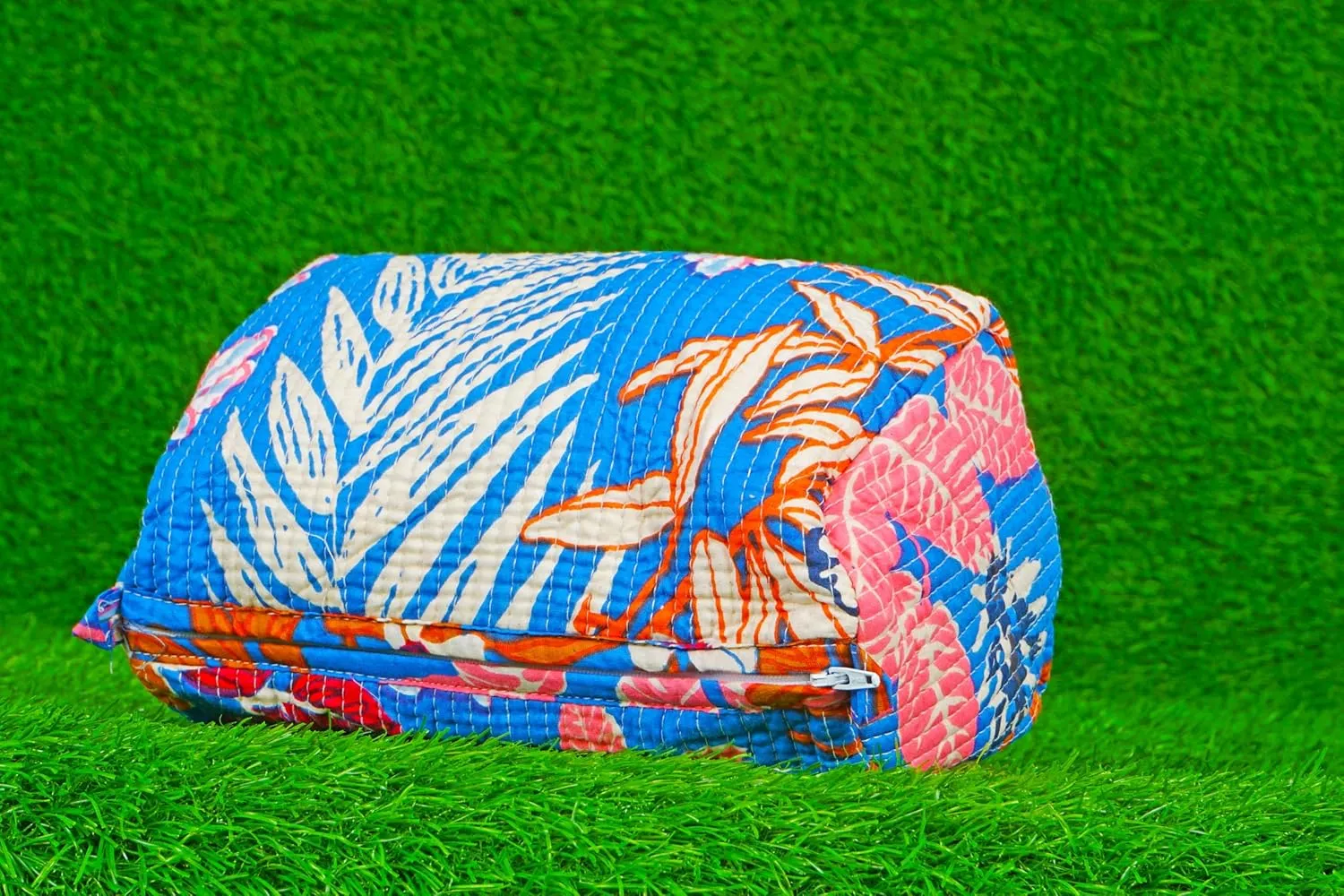Pieces Indian Handmade Cotton Quilted Handmade Floral Hand Block Print Toiletry Bag,Cosmetic Pouch Bag Makeup Bag For Women (1, Blue Printed), 85485