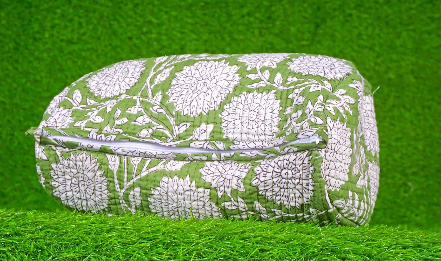 Pieces Indian Handmade Cotton Quilted Handmade Floral Hand Block Print Toiletry Bag,Cosmetic Pouch Bag Makeup Bag For Women (1, Light Green), 85485
