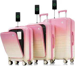 Pink 3 Piece Luggage Set with USB Port, Spinner Wheels, Carry-On Size