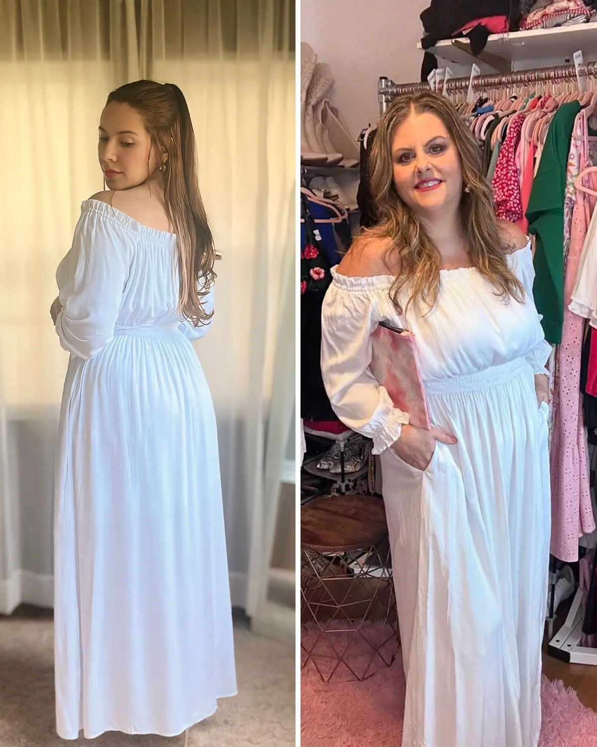 Plus Size Off Shoulder Dress Boho Long Sleeve Split Flowy A-Line Long Maxi Dresses with Pockets Photoshoot