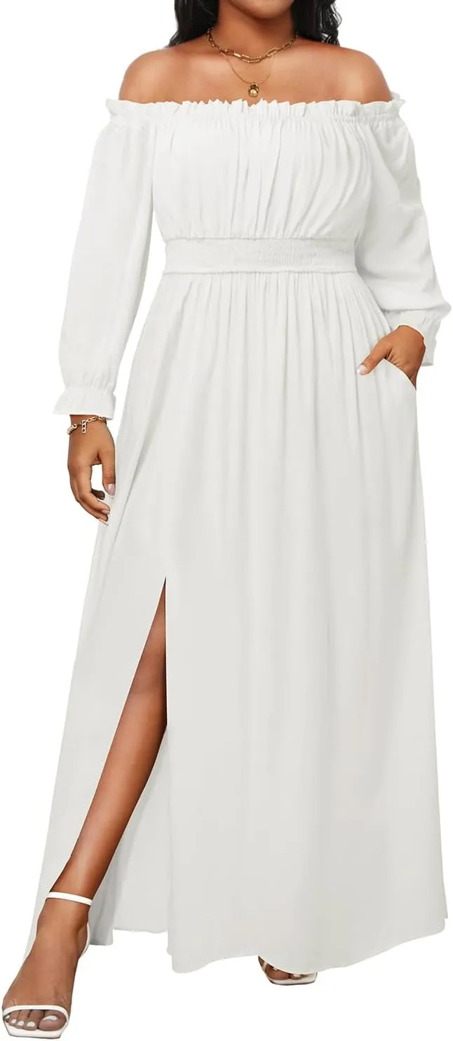 Plus Size Off Shoulder Dress Boho Long Sleeve Split Flowy A-Line Long Maxi Dresses with Pockets Photoshoot