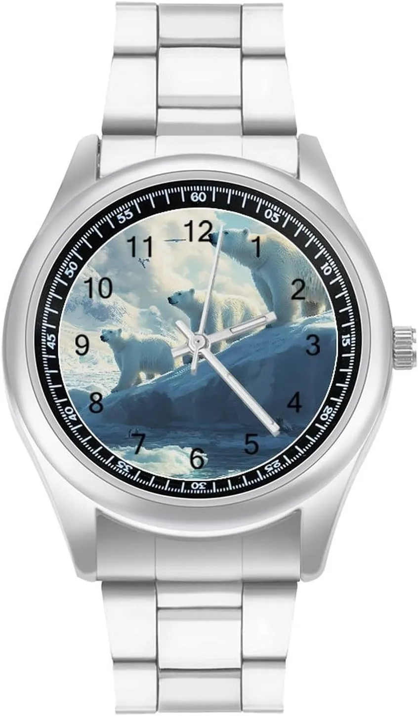 Polar Bears Ice Floes Arctic Ocean Stainless Steel Strap Simple Business Watches for Men Easy Reader Work Casual Watch