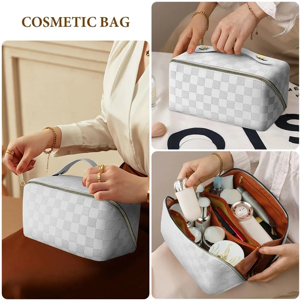 Premium PU Cosmetic Bag Travel Bag, Large Capacity Layered Cosmetic Bag Zipper Bag, Portable Travel Organizer Multifunctional Waterproof Bag, Easy to Carry (Checkerboard - White)
