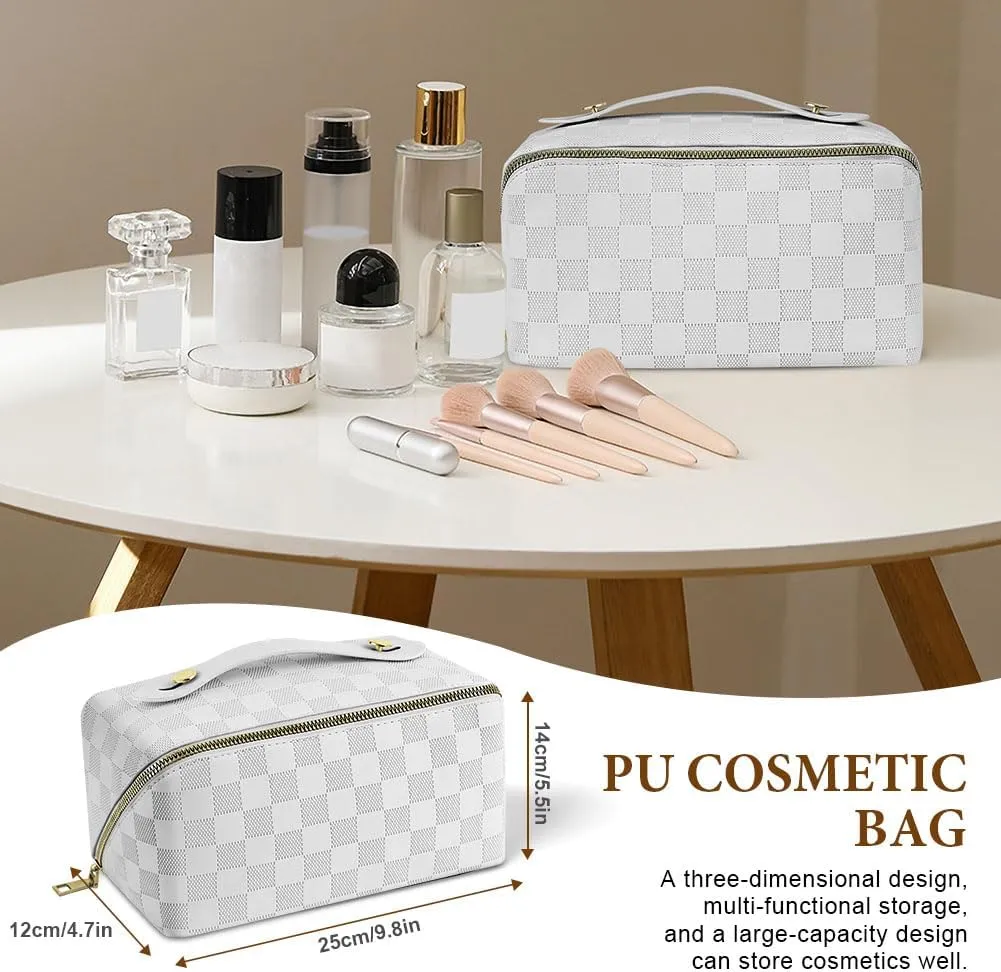Premium PU Cosmetic Bag Travel Bag, Large Capacity Layered Cosmetic Bag Zipper Bag, Portable Travel Organizer Multifunctional Waterproof Bag, Easy to Carry (Checkerboard - White)