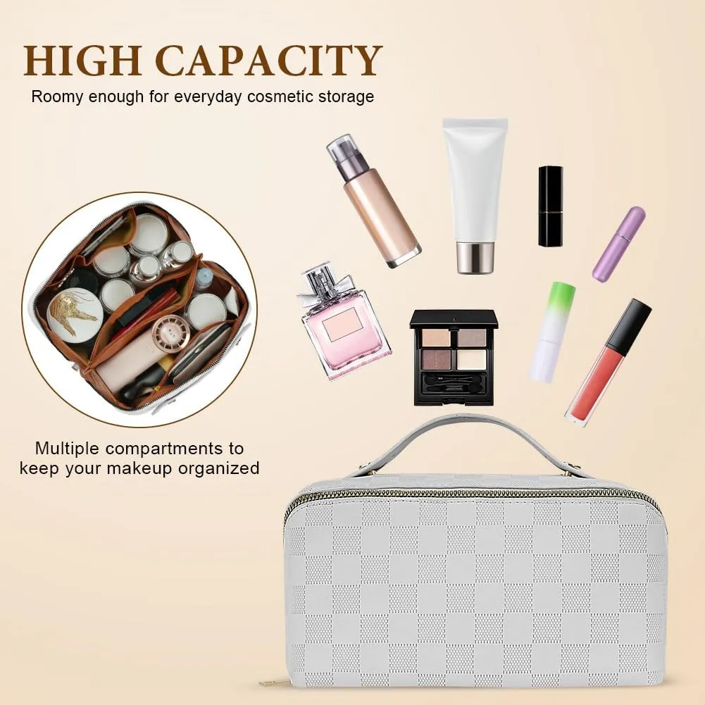 Premium PU Cosmetic Bag Travel Bag, Large Capacity Layered Cosmetic Bag Zipper Bag, Portable Travel Organizer Multifunctional Waterproof Bag, Easy to Carry (Checkerboard - White)