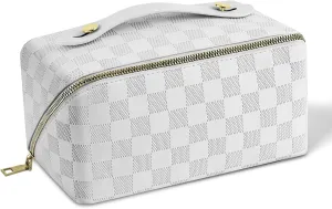Premium PU Cosmetic Bag Travel Bag, Large Capacity Layered Cosmetic Bag Zipper Bag, Portable Travel Organizer Multifunctional Waterproof Bag, Easy to Carry (Checkerboard - White)