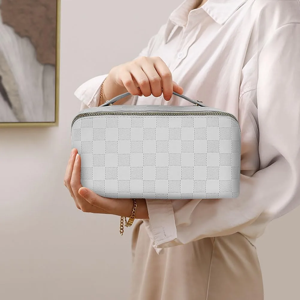 Premium PU Cosmetic Bag Travel Bag, Large Capacity Layered Cosmetic Bag Zipper Bag, Portable Travel Organizer Multifunctional Waterproof Bag, Easy to Carry (Checkerboard - White)