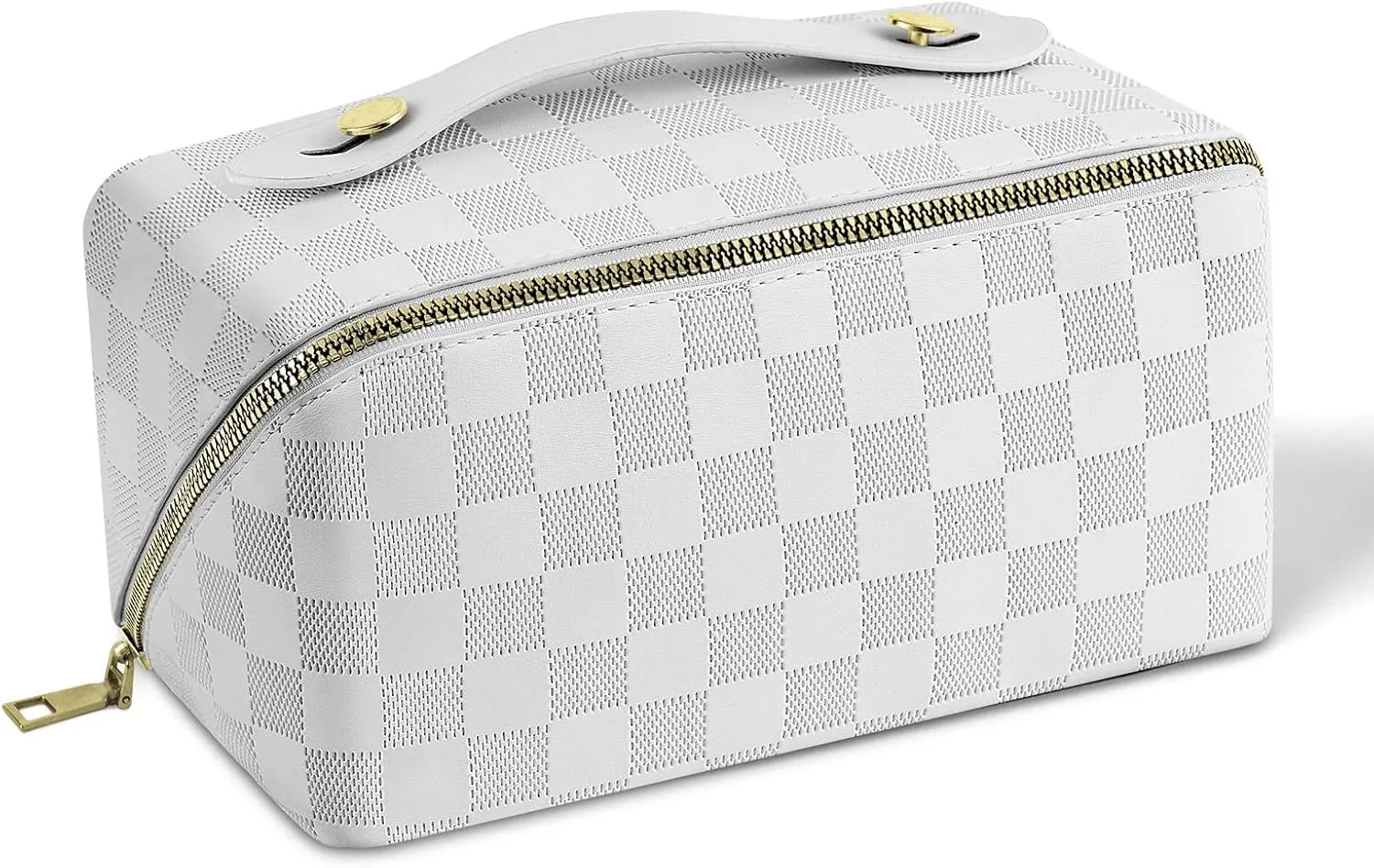 Premium PU Cosmetic Bag Travel Bag, Large Capacity Layered Cosmetic Bag Zipper Bag, Portable Travel Organizer Multifunctional Waterproof Bag, Easy to Carry (Checkerboard - White)