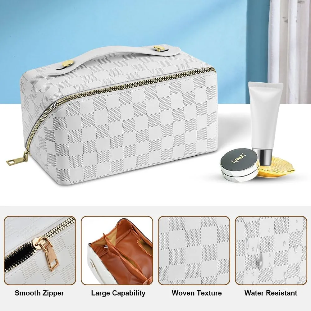 Premium PU Cosmetic Bag Travel Bag, Large Capacity Layered Cosmetic Bag Zipper Bag, Portable Travel Organizer Multifunctional Waterproof Bag, Easy to Carry (Checkerboard - White)