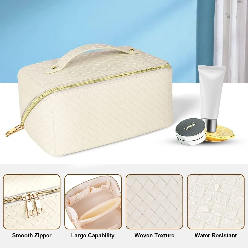 Premium PU Cosmetic Bag Travel Bag, Large Capacity Layered Cosmetic Bag Zipper Bag, Portable Travel Organizer Multifunctional Waterproof Bag, Easy to Carry (Woven White)
