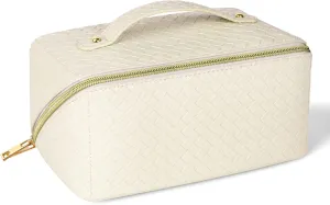 Premium PU Cosmetic Bag Travel Bag, Large Capacity Layered Cosmetic Bag Zipper Bag, Portable Travel Organizer Multifunctional Waterproof Bag, Easy to Carry (Woven White)