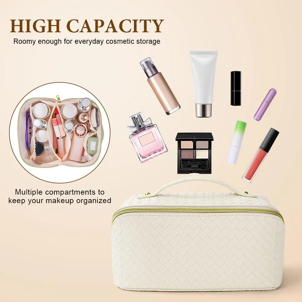 Premium PU Cosmetic Bag Travel Bag, Large Capacity Layered Cosmetic Bag Zipper Bag, Portable Travel Organizer Multifunctional Waterproof Bag, Easy to Carry (Woven White)