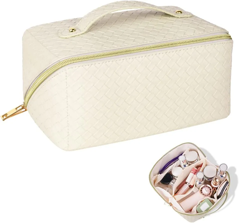 Premium PU Cosmetic Bag Travel Bag, Large Capacity Layered Cosmetic Bag Zipper Bag, Portable Travel Organizer Multifunctional Waterproof Bag, Easy to Carry (Woven White)